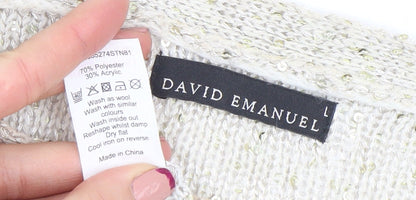 David Emanuel Womens Ivory Sequin Knit Pullover Jumper Size L