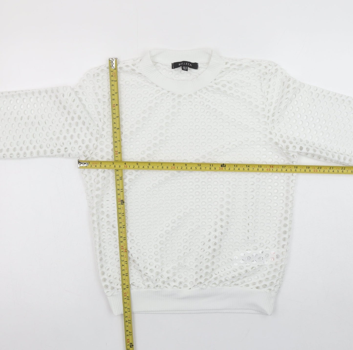 Belleza Women's White Mesh Long Sleeve Jersey Top UK 12