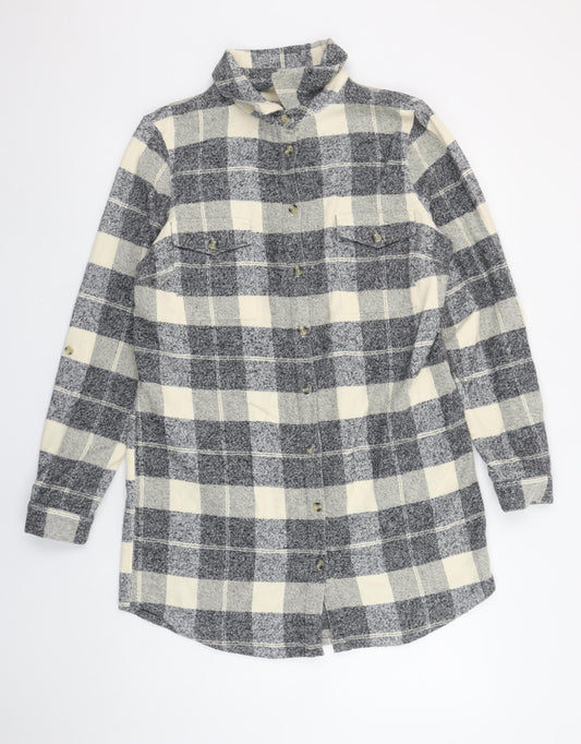 Sosandar Womens Grey Check Cotton Shirt Dress Size 10 Long Sleeve