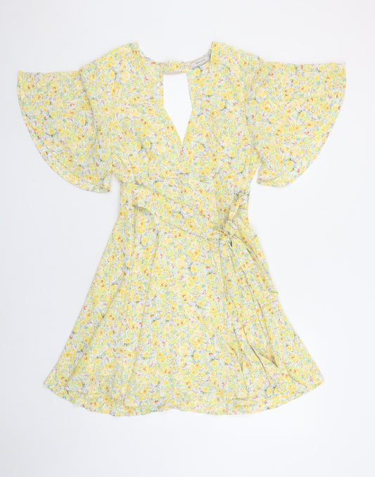 Vera & Lucy Women's Yellow Floral Wrap Short Dress Size S