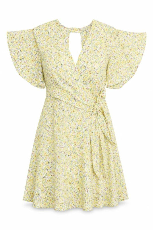 Vera & Lucy Women's Yellow Floral Wrap Short Dress Size S