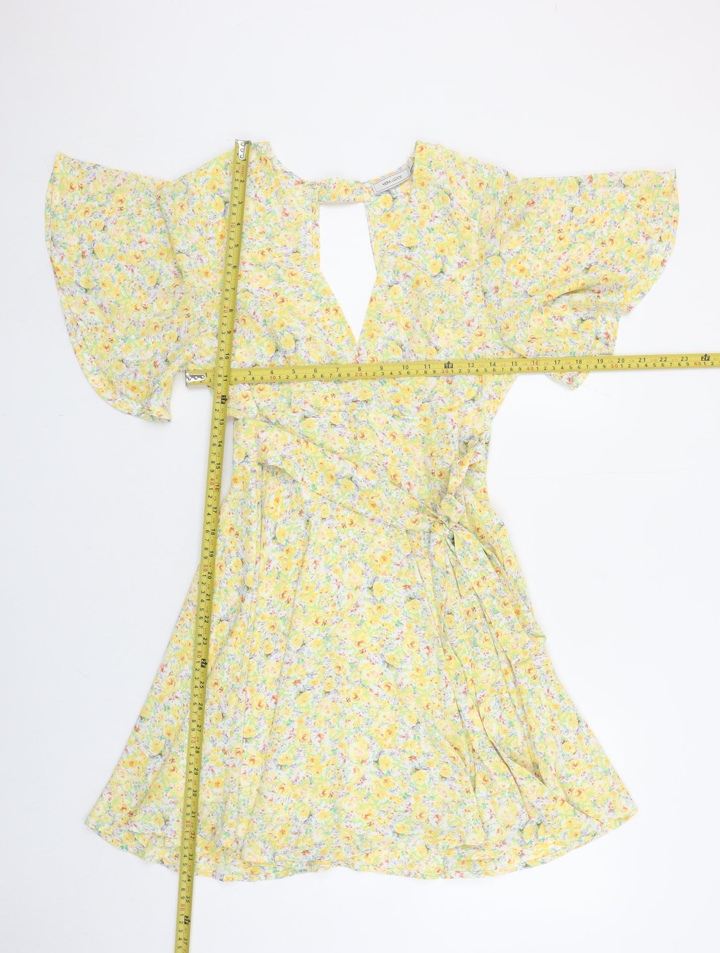Vera & Lucy Women's Yellow Floral Wrap Short Dress Size S