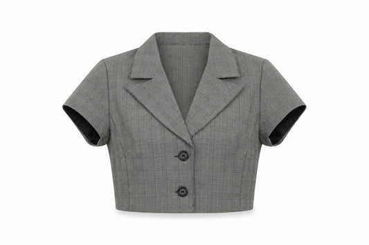 Karin Stevens Women's Grey Check Cropped Short Sleeve Suit Jacket Size 10