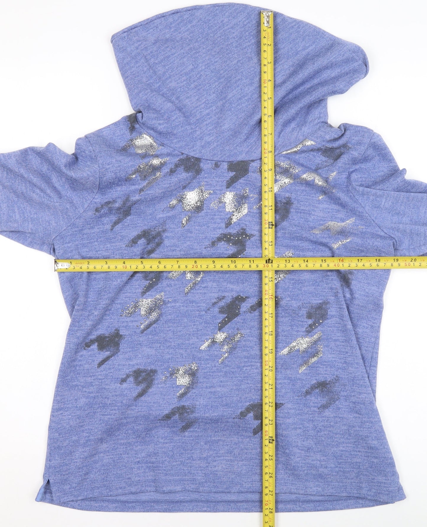 Tigi Womens Blue Glitter Print Hooded Pullover Sweatshirt Size 14/16