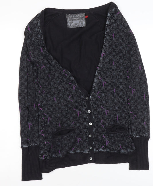 ONLY Women's Black Geometric Cardigan M V-Neck Button Front Knitwear