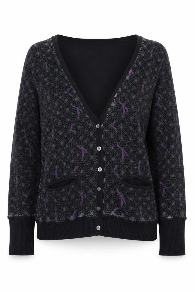 Only Women's Black Geometric Cardigan M V-Neck Button Front Knitwear