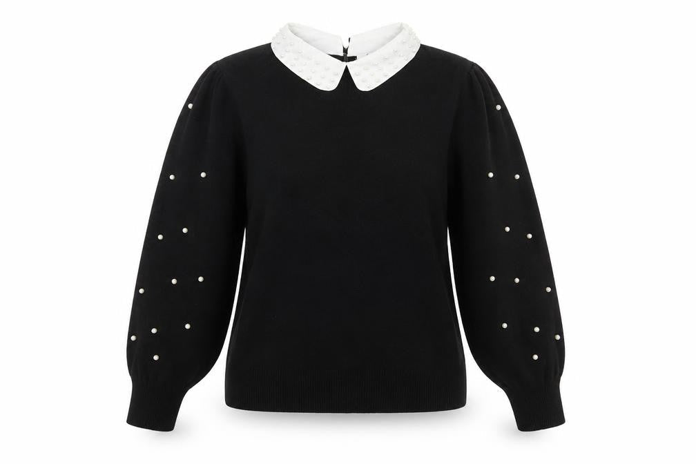 Siorvi Milano Women's Black Collared Beaded Sleeve Pullover Jumper Size L