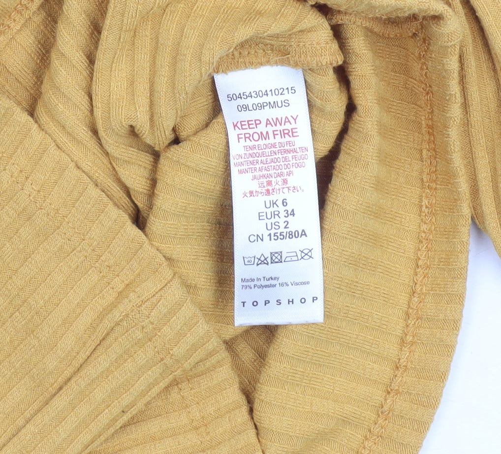Topshop Women Yellow V-Neck Ribbed Slim Fit Long Sleeve Jumper Size 6