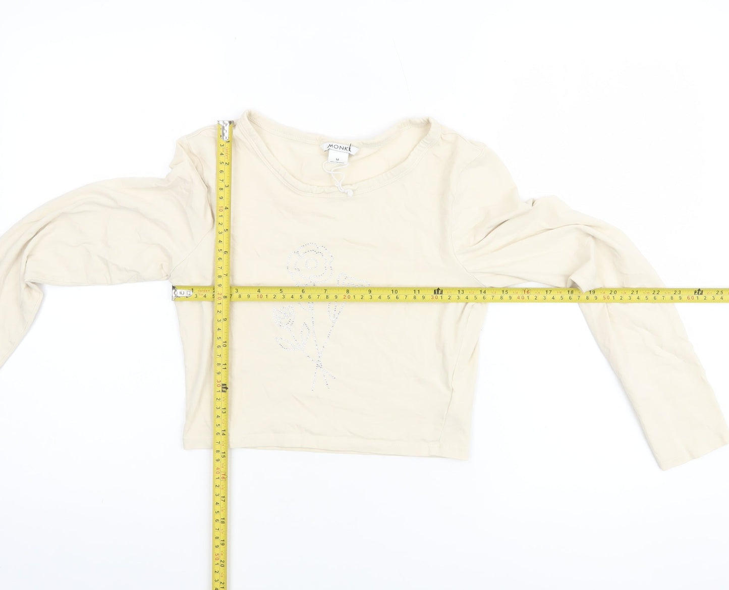 Monki Women Beige Cropped Long Sleeve Rhinestone T-Shirt M