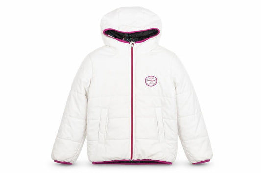Front view of Decathlon girls’ white hooded puffer jacket 8 years winter lined zip coat