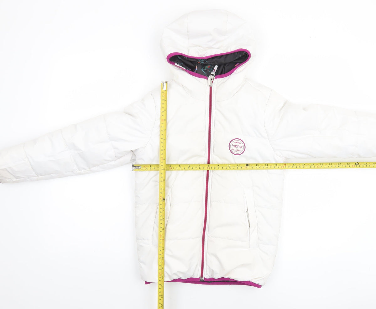 Decathlon Girls White Hooded Puffer Jacket 8 Years Winter Lined Zip Coat