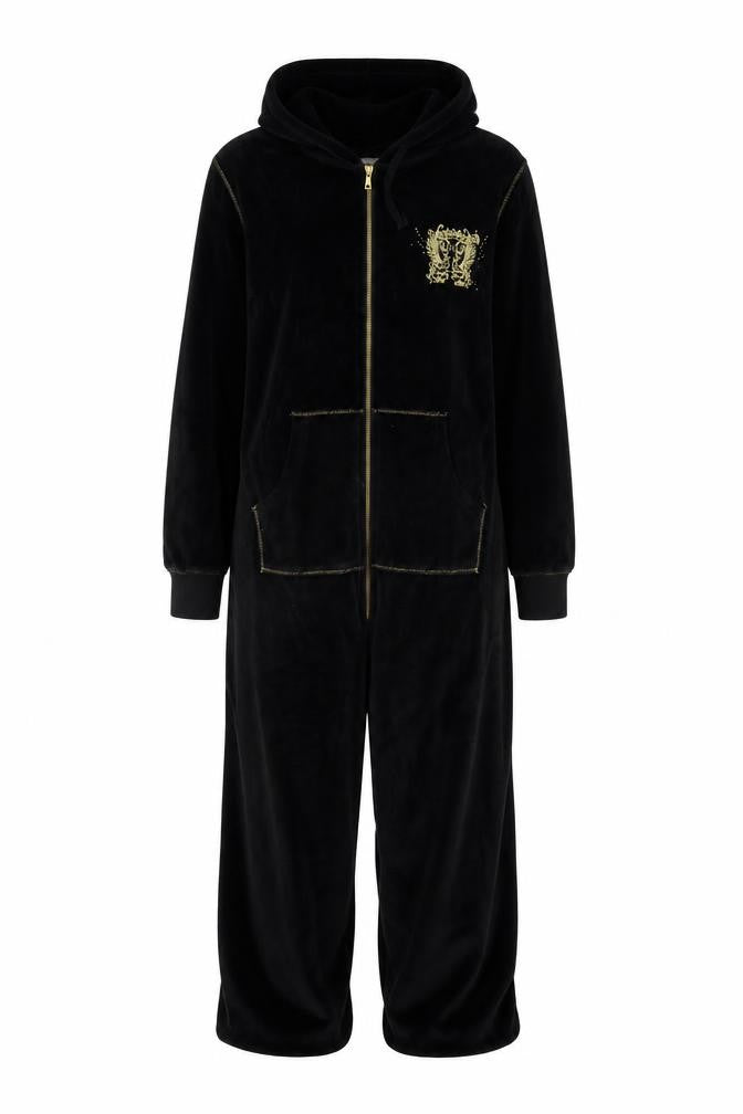 New Look Women’s Black Velour Hooded Onesie L - Zip Front Nightwear