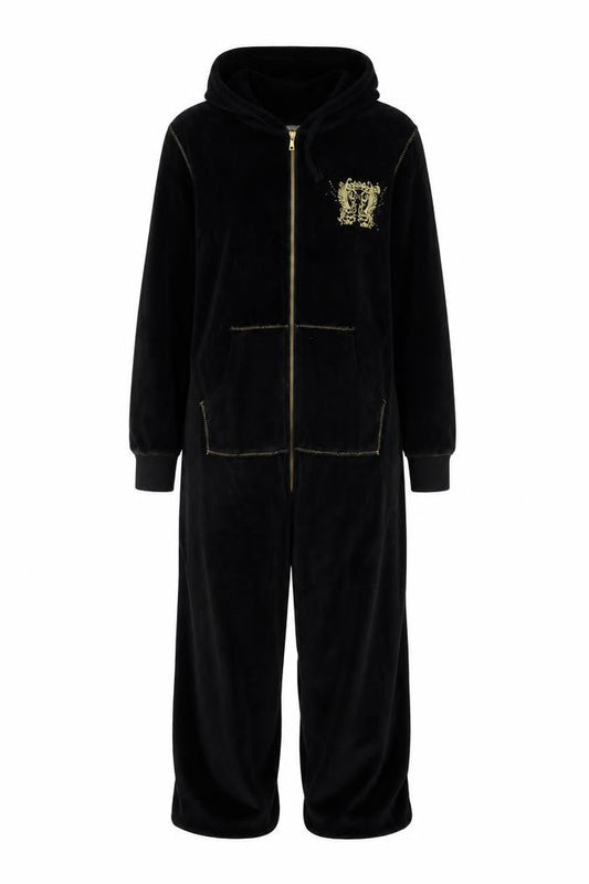 New Look Women’s Black Velour Hooded Onesie L - Zip Front Nightwear