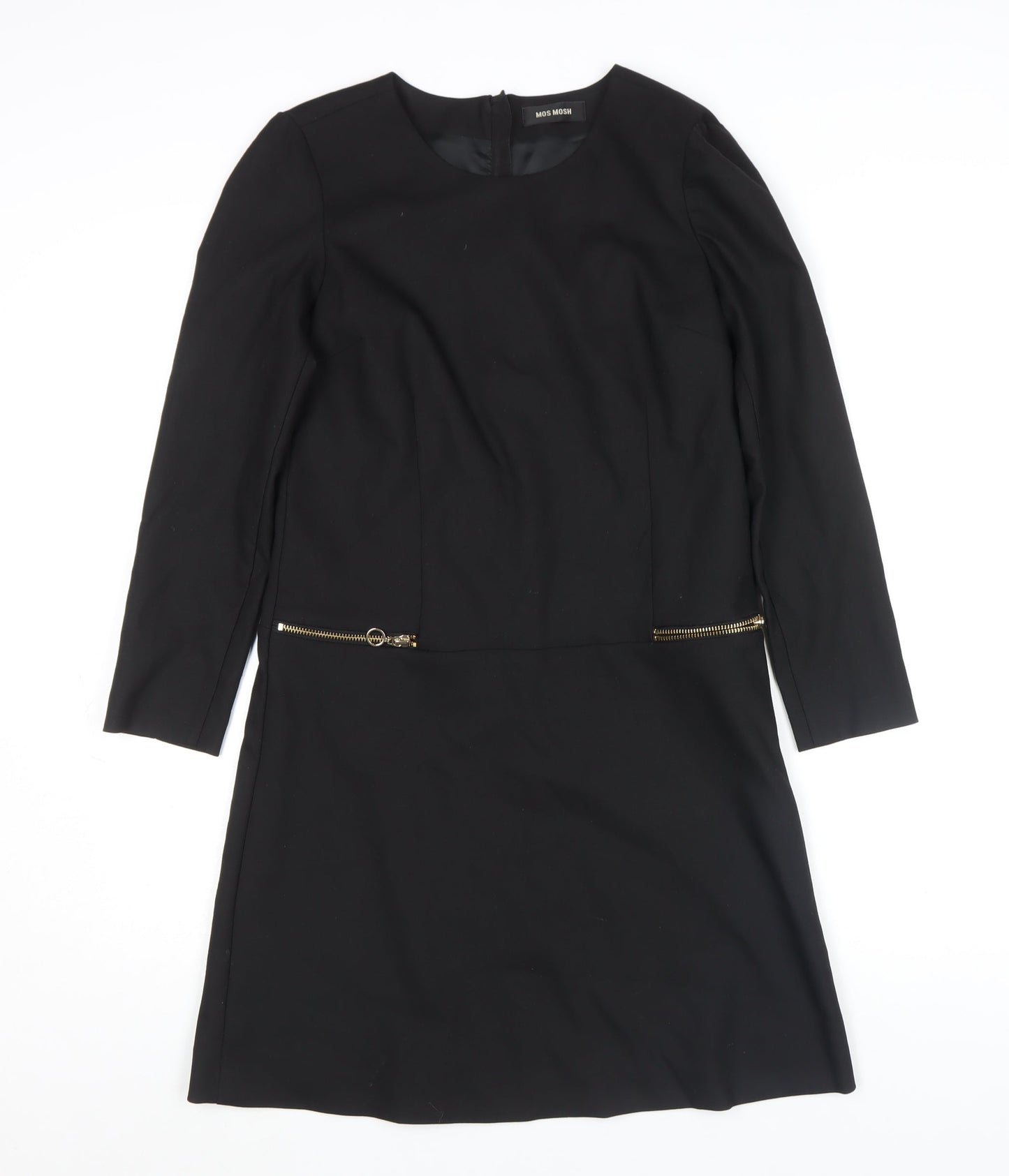 MOS MOSH Women's Black Knee Length Shift Dress Size M Long Sleeve Zip Detail