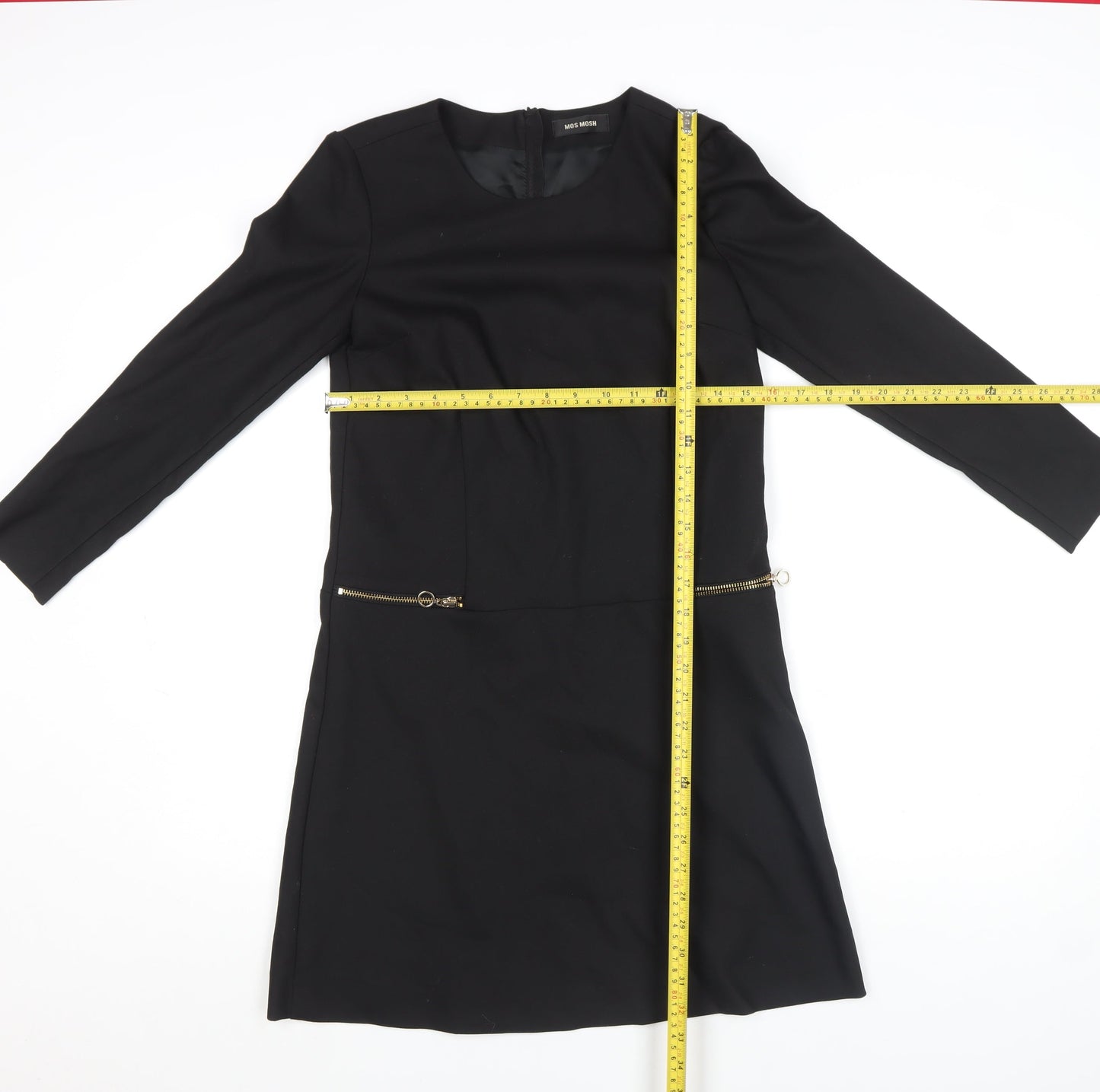 MOS MOSH Women's Black Knee Length Shift Dress Size M Long Sleeve Zip Detail