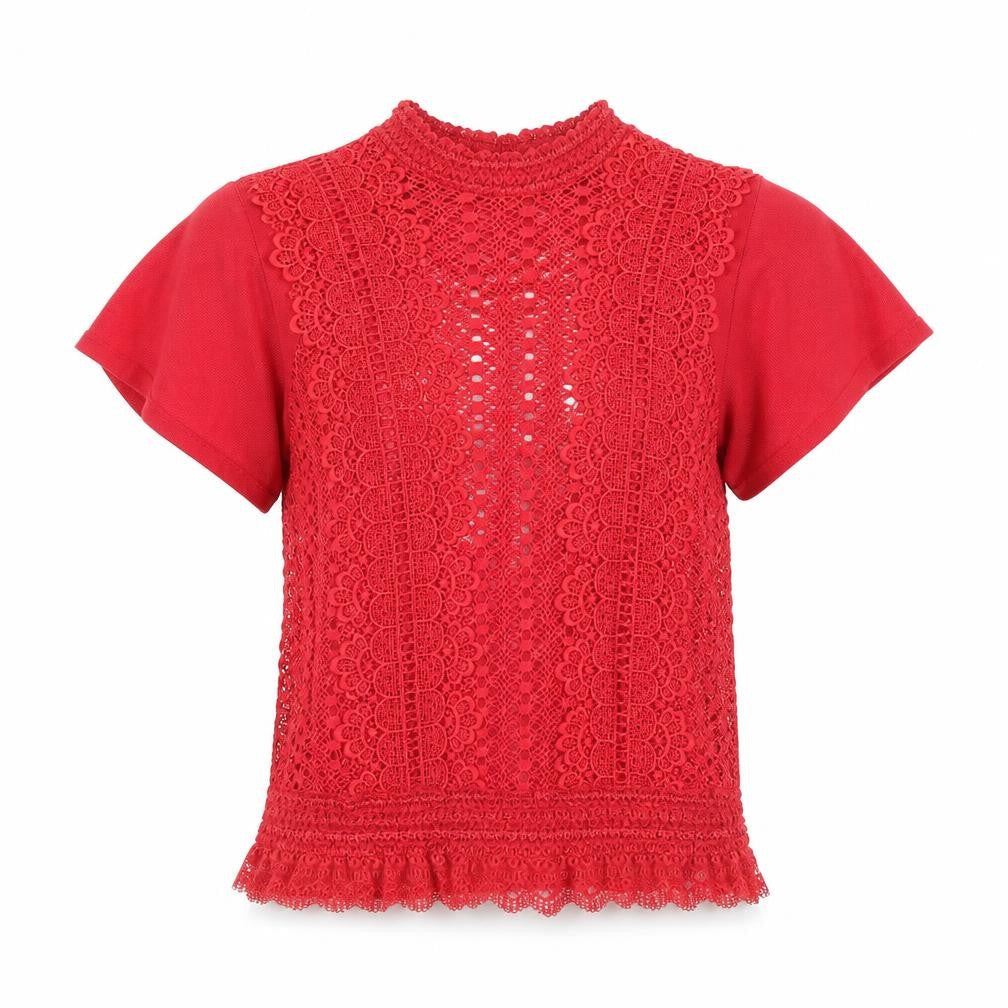 Gallery Red Lace High Neck Short Sleeve Women's Blouse Size 8