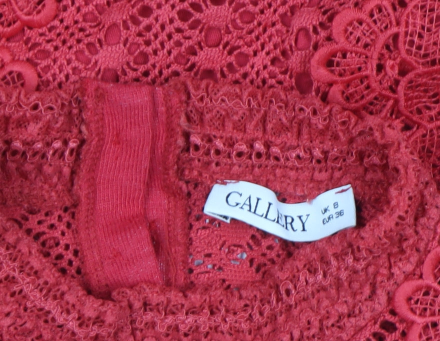 Gallery Red Lace High Neck Short Sleeve Women's Blouse Size 8