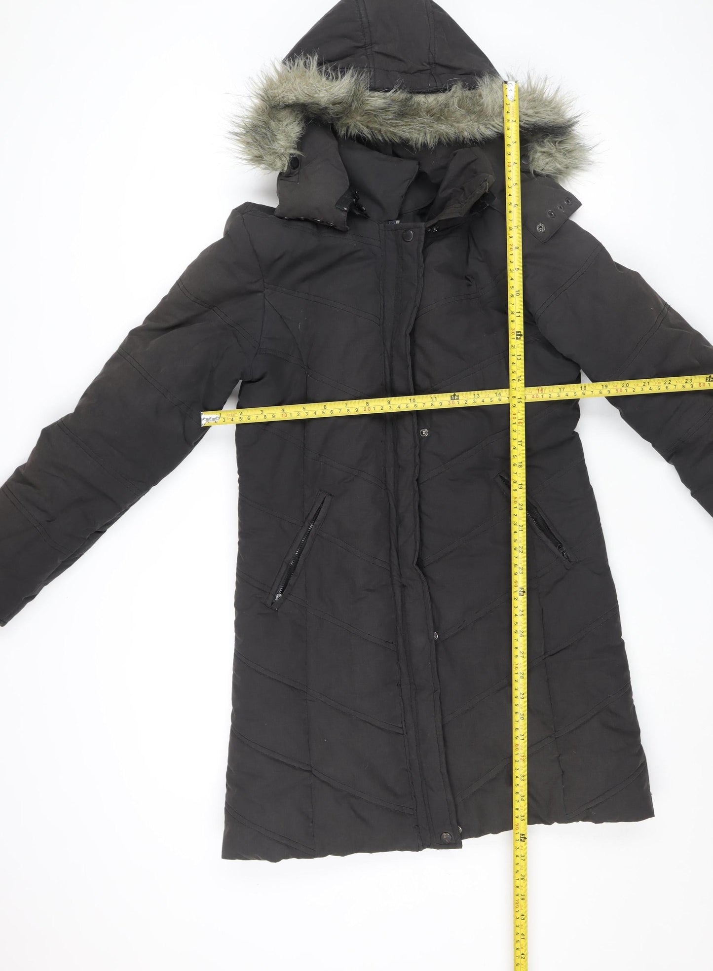 Kasha Women Black Long Puffer Coat Size 10 Hooded Fur Trim