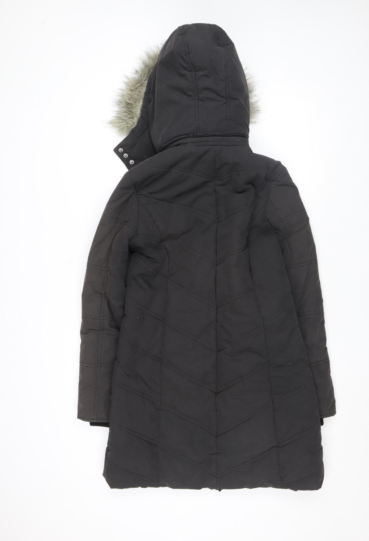 Kasha Women Black Long Puffer Coat Size 10 Hooded Fur Trim