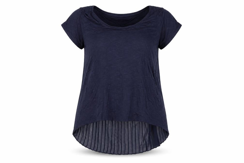RJR.John Rocha Women's Navy Blue Pleated Hem Short Sleeve Blouse Size 12