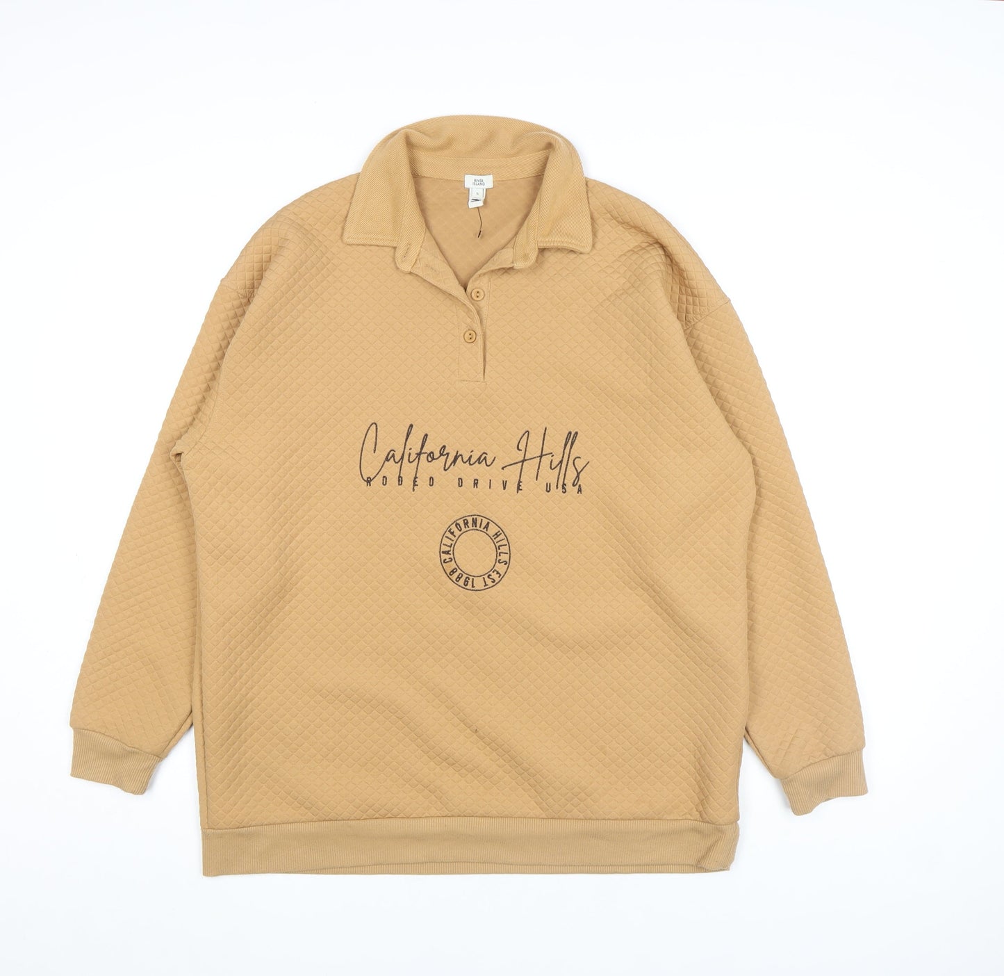 River Island Men's Beige Henley Sweatshirt S Graphic California Hills