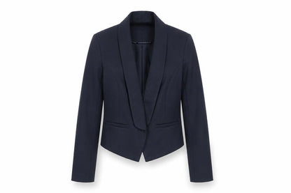 Front view of Atmosphere Women's Blue Shawl Lapel Cropped Blazer, size 6