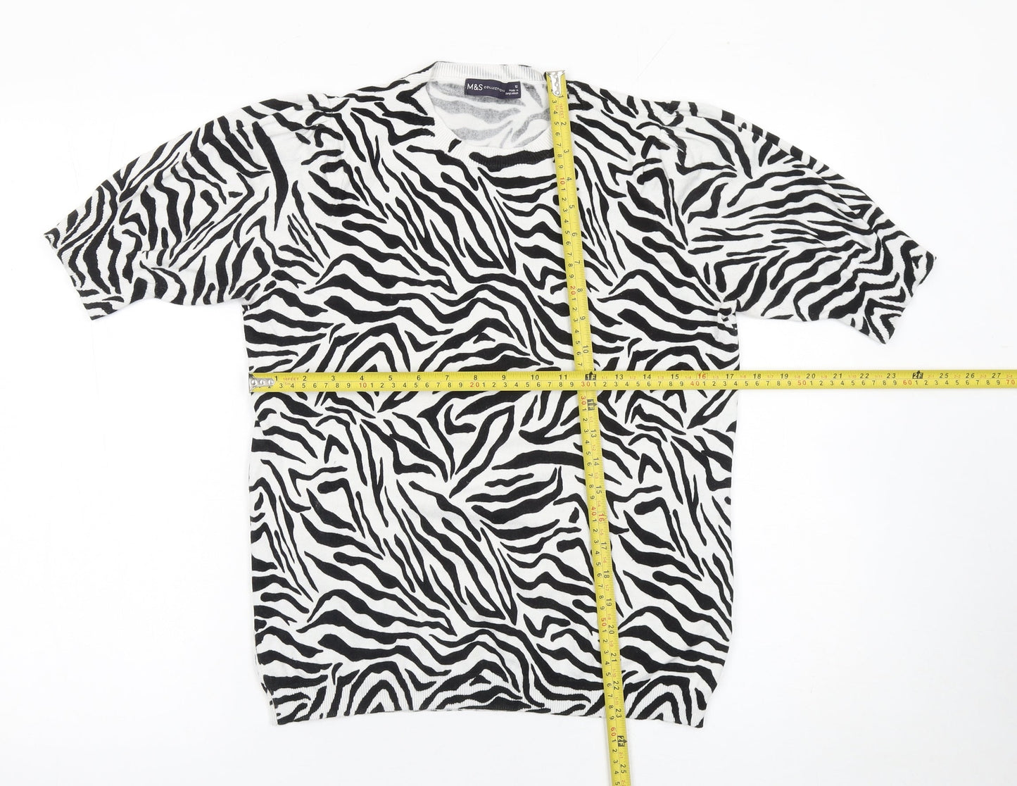 Marks and Spencer Womens Black Zebra Print Short Sleeve Jumper Size 12
