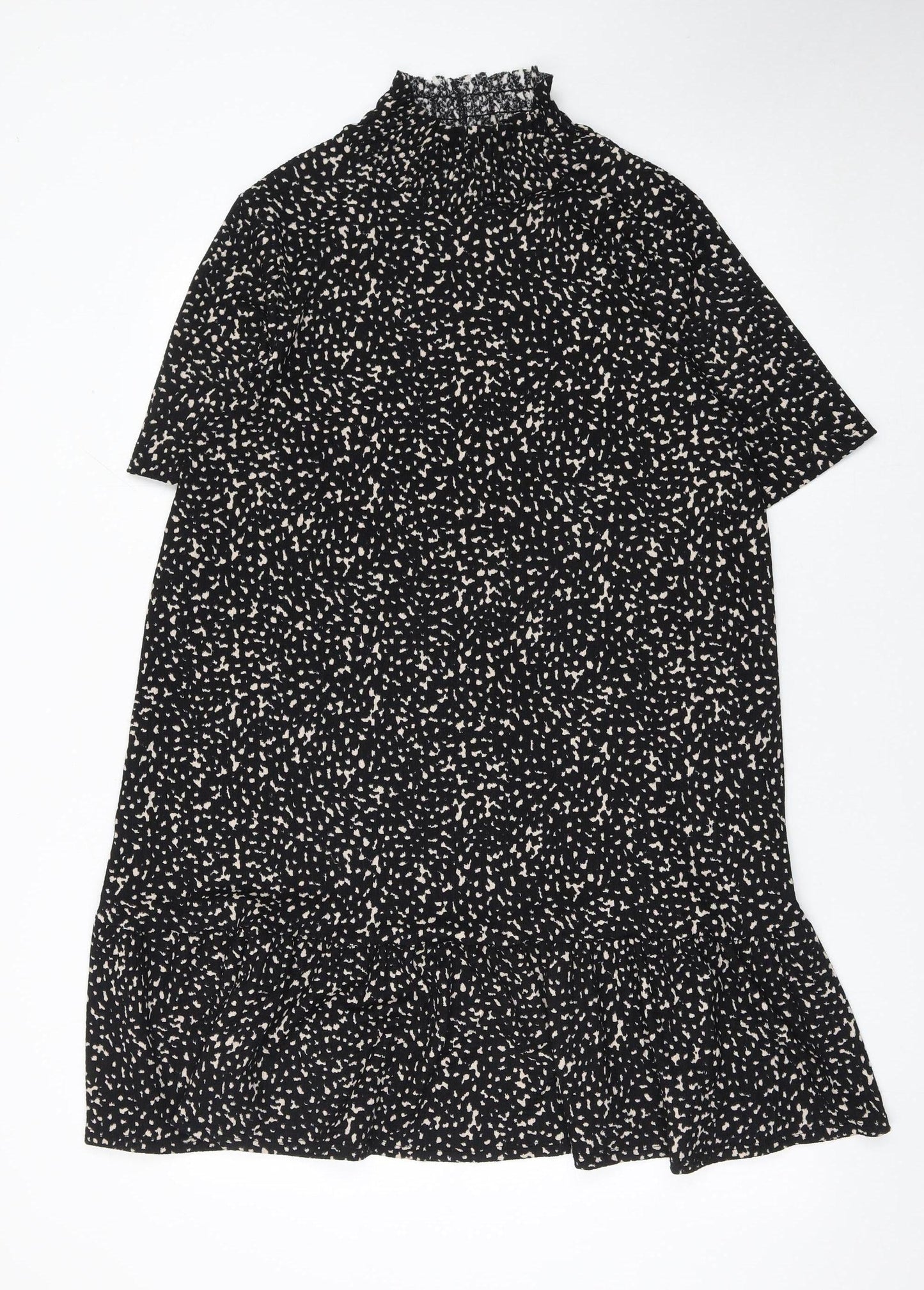 Zara Women Black Polka Dot Shift Dress L High Neck Short Sleeve