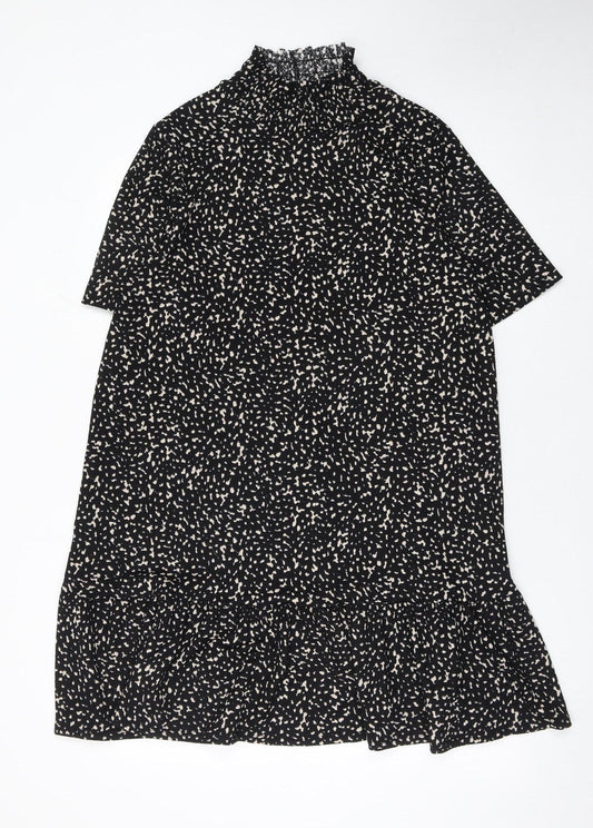 Zara Women Black Polka Dot Shift Dress L High Neck Short Sleeve