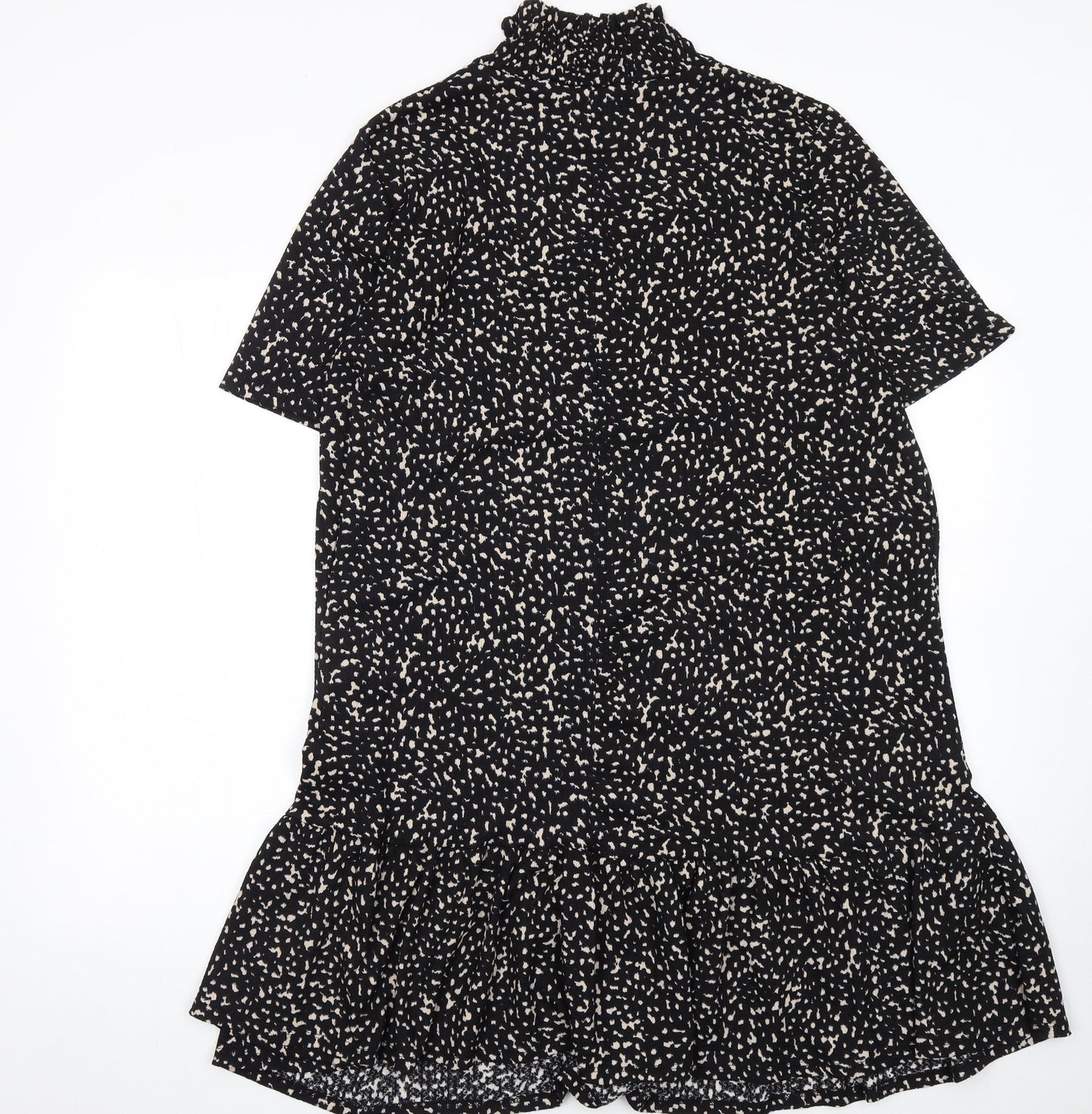 Zara Women Black Polka Dot Shift Dress L High Neck Short Sleeve