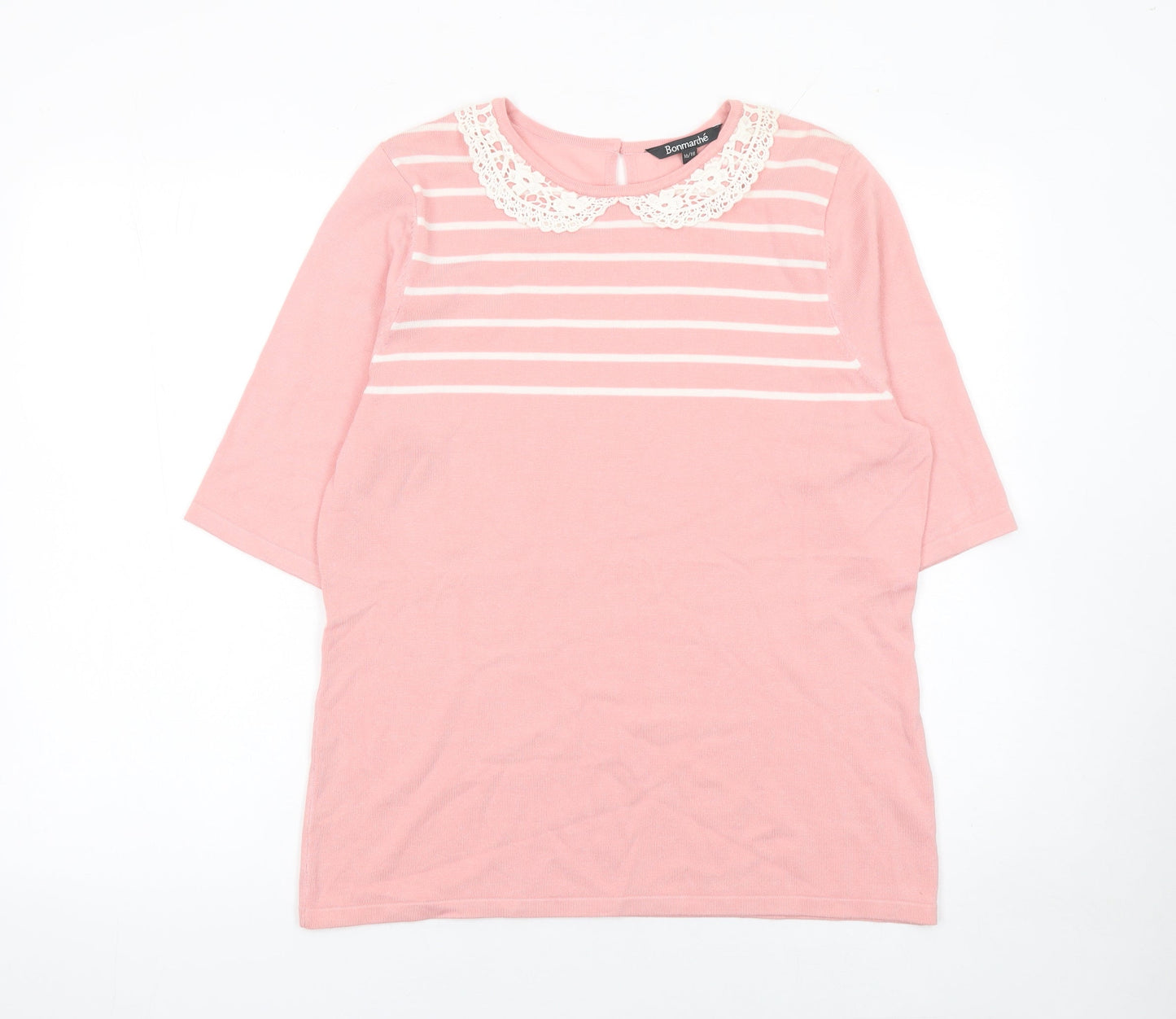 Bonmarché Women's Pink Striped Lace Collar Knit Pullover Jumper Size 16/18