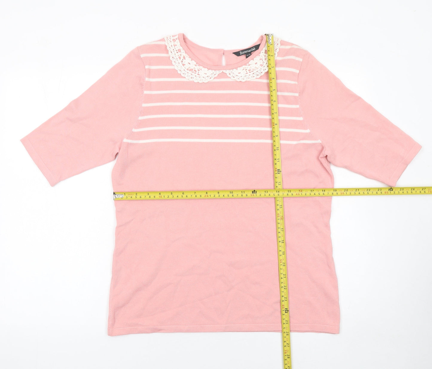 Bonmarché Women's Pink Striped Lace Collar Knit Pullover Jumper Size 16/18