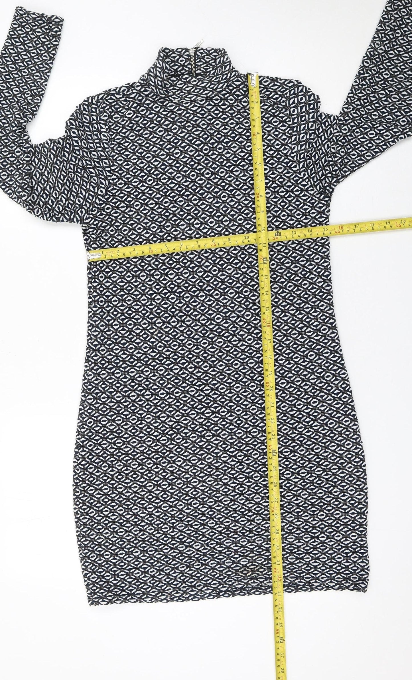 Savida Women Black Geometric Roll Neck Bodycon Dress Size 12