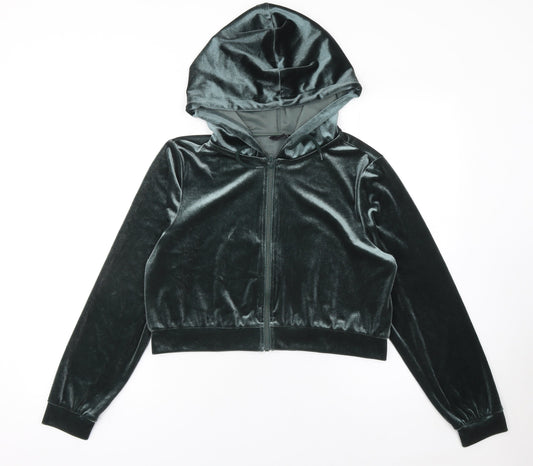 Monki Women Green Velvet Full Zip Hoodie Size 12 M