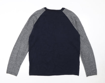 Jack & Jones Men's Blue Grey Cotton Crew Neck Pullover Jumper Medium