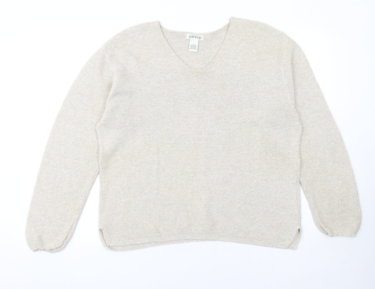 Orvis Women Beige Cotton Acrylic V-Neck Knit Jumper Size L