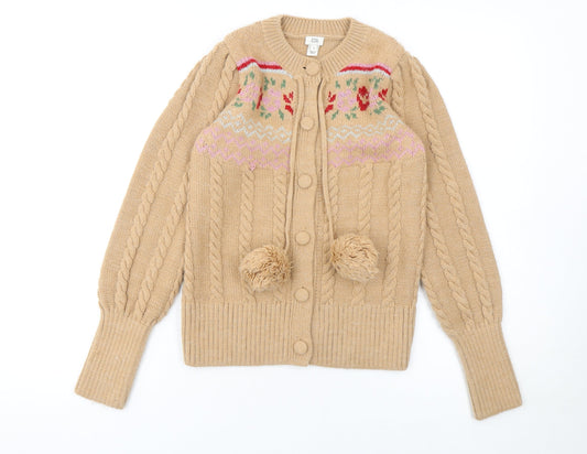 River Island Women Beige Cable-Knit Cardigan UK 8 Pom Pom Fair Isle