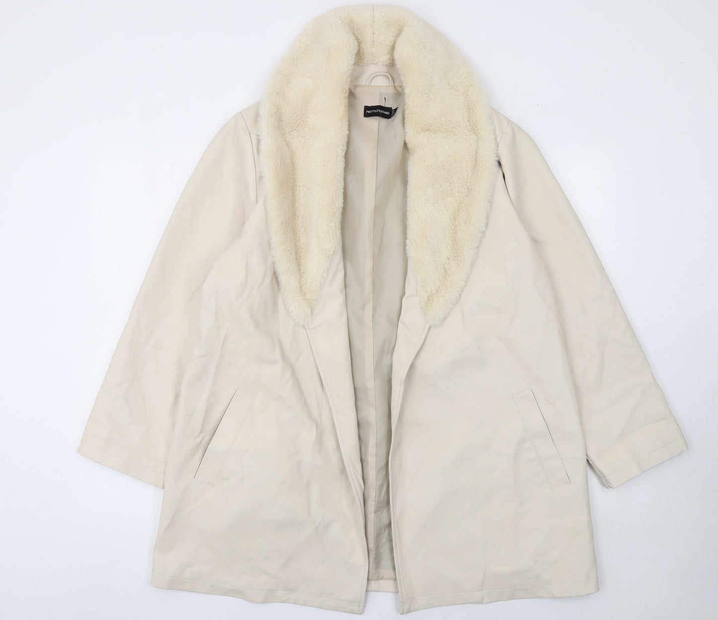 PrettyLittleThing Women Beige Faux Leather Fur Trim Coat UK 6 Mid-Length
