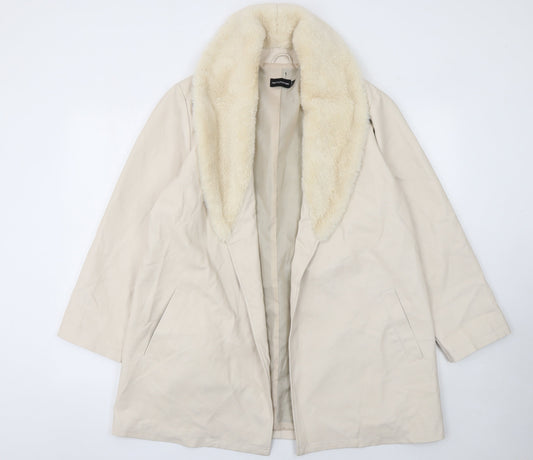 PrettyLittleThing Women Beige Faux Leather Fur Trim Coat UK 6 Mid-Length