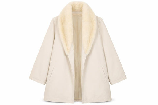 PRETTYLITTLETHING Women Beige Faux Leather Fur Trim Coat UK 6 Mid-Length