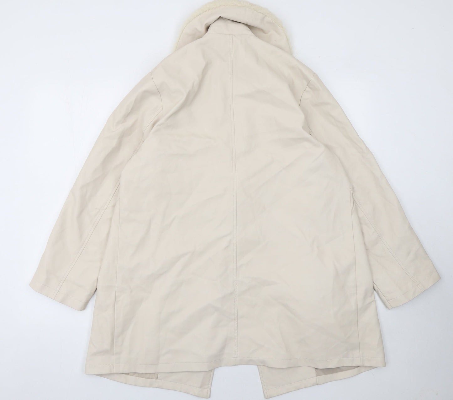 PrettyLittleThing Women Beige Faux Leather Fur Trim Coat UK 6 Mid-Length