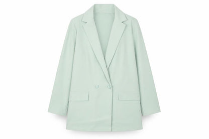 Front view of ASOS DESIGN Women’s Green Double-Breasted Long Blazer Jacket, size UK 6