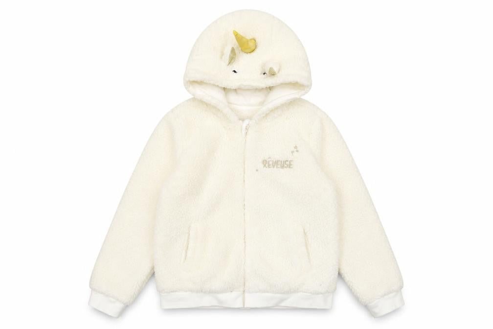 Reveuse Girls Ivory Unicorn Hooded Fleece Jacket Age 8 Long Sleeve Zip-Up