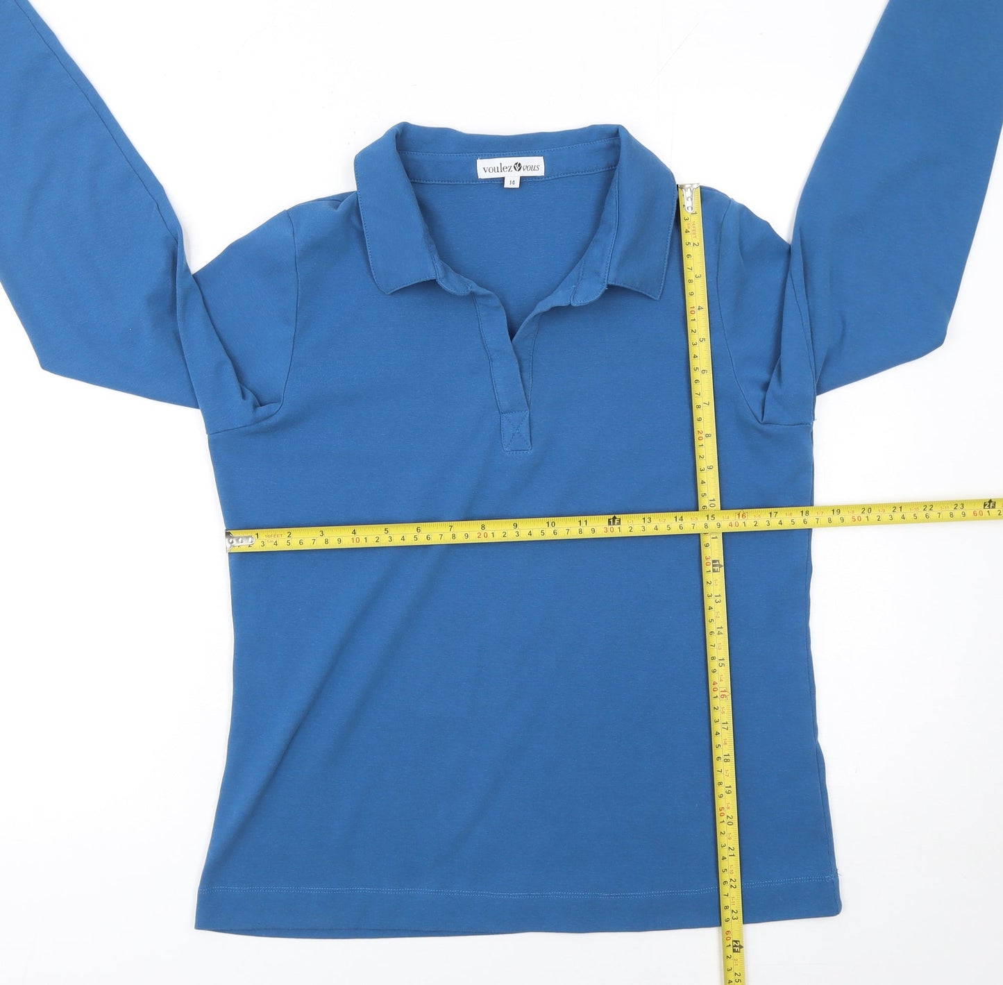 Voulez Vous Women’s Blue Long Sleeve Cotton Polo Top Size 14