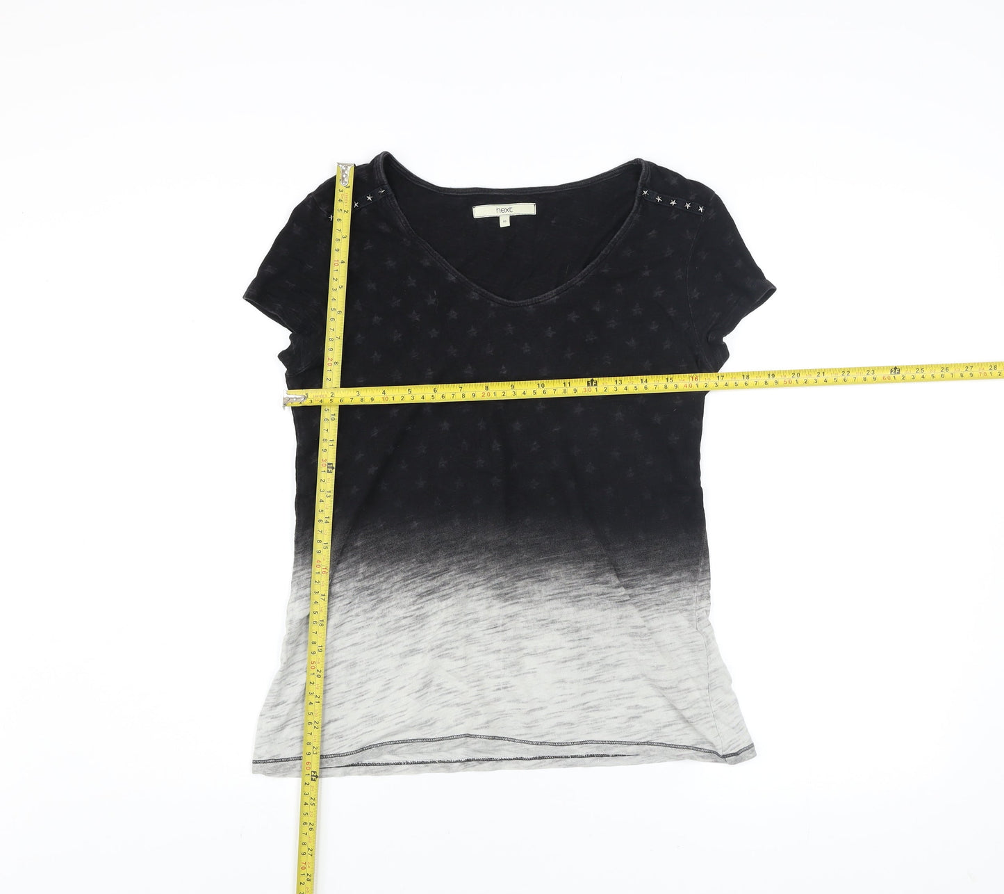Next Womens Black Ombre Studded V-Neck Cotton T-Shirt Size 10