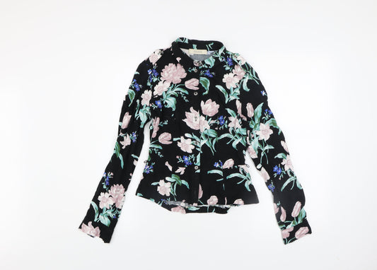 Oasis Women’s Black Floral Long Sleeve Collared Viscose Blouse Size 6