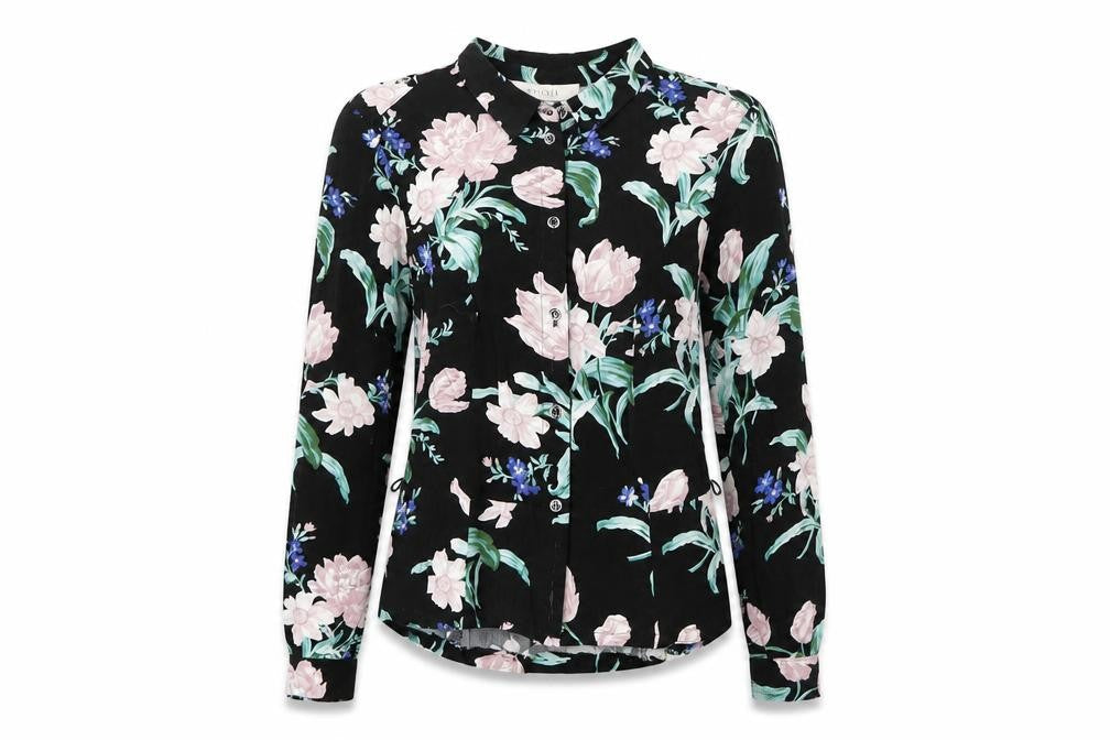 Oasis Women’s Black Floral Long Sleeve Collared Viscose Blouse Size 6