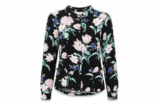Oasis Women’s Black Floral Long Sleeve Collared Viscose Blouse Size 6