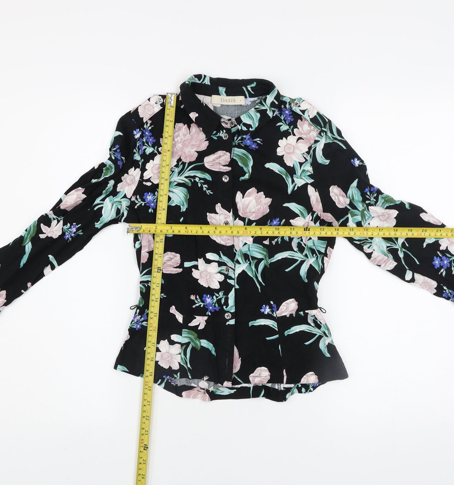Oasis Women’s Black Floral Long Sleeve Collared Viscose Blouse Size 6