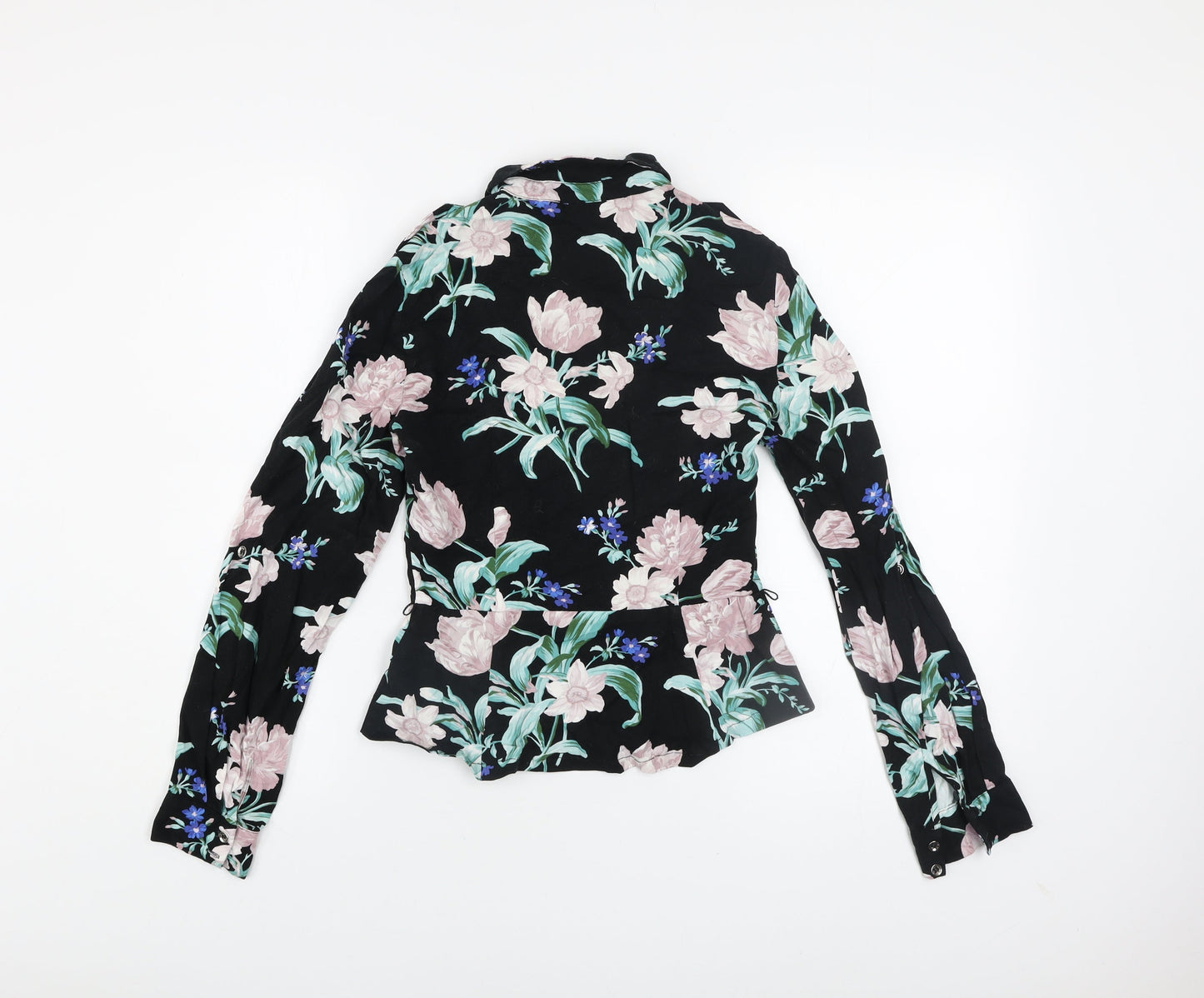 Oasis Women’s Black Floral Long Sleeve Collared Viscose Blouse Size 6